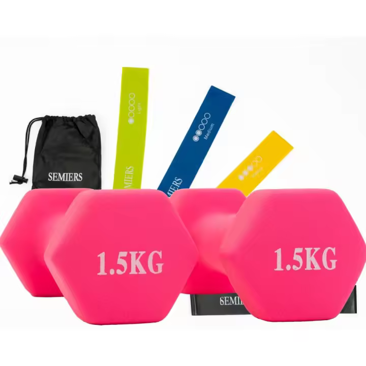 SEMIERS  SET de 5 Cintas Elásticas Fitness y Musculación de Látex+Pesas y Juego de 2 Mancuernas de Neopreno Disponibles en 1.5 kg./2 kg./3 kg. (Vendido en Pares) para Hacer tu Gimnasio en casa - 1