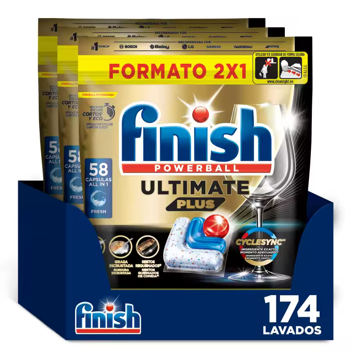 Finish Powerball ULTIMATE PLUS ALL IN 1 x116 x174 x232 Pastillas para Lavavajillas, Limpieza Intensiva, Elimina Restos Quemados, Brillo Diamante, Cuida y Protege - 1