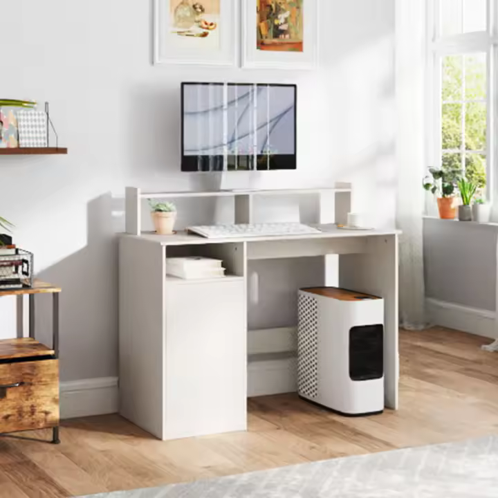 HOMCOM Escritorio con Estantería Moderno Escritorio con Puerta Compartimentos Abiertos y Soporte para Monitor Mesa para Estudio Dormitorio Hogar Oficina 108x50x94 cm - 1