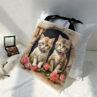 Bolso De Hombro Para Mujer Durable De Lino Con Estampado De Flores Y Gatos Bolso De Compras Y Playa Casual Unisex - details 3