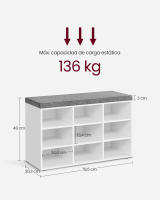 Banco zapatero con asiento acolchado, 9 compartimientos y estantes ajustables, ideal para entrada y sala de estar, disponible en blanco o marrón rústico - details 5