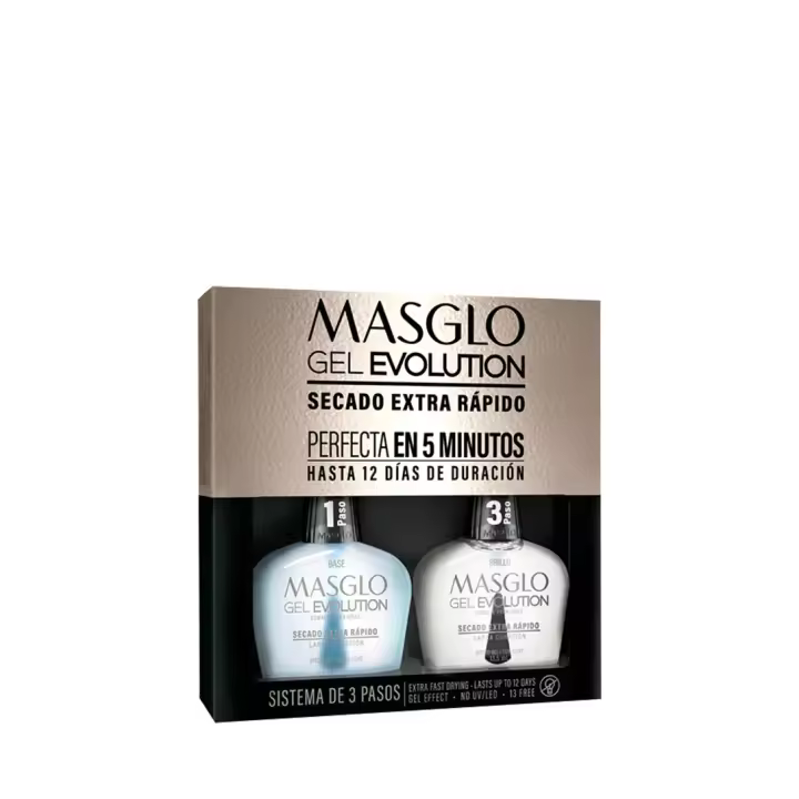 Masglo Gel Evolution Kit Base + Brillo 13,5mL - Kit para Esmaltado de Uñas de Secado Extra Rápido - Sin Lámpara - Larga Duración - Pasos 1 y 3 - 1