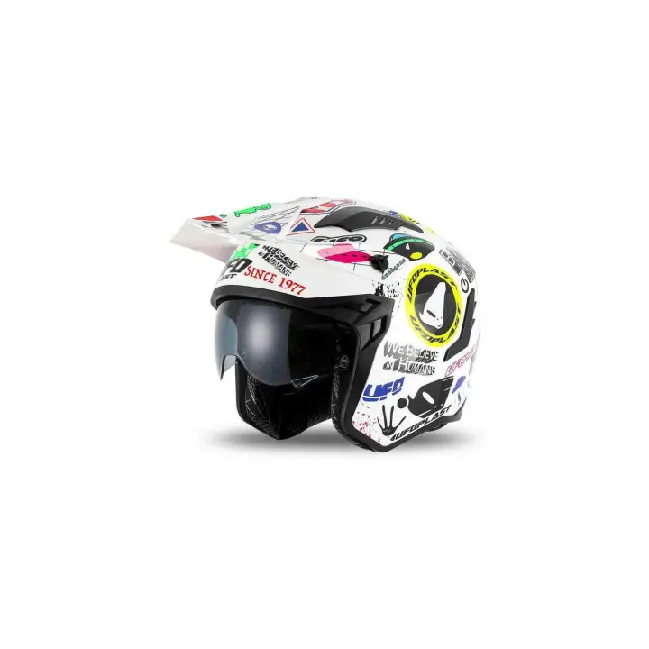 Casco Jet UFO Sheratan Trial graphic logos blanco brillo - 1
