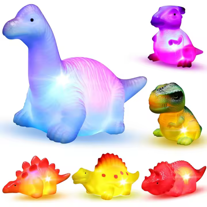 Juego de 6 juguetes de baño de dinosaurios flotantes con luces, ideal para bebés, niños pequeños y sobrinos. Ideal para bañera, ducha y piscina. - 1