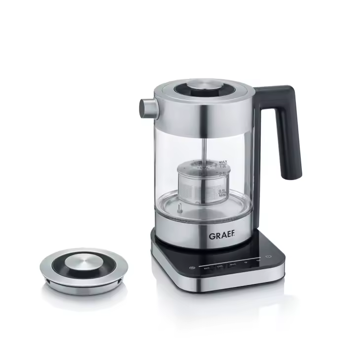 Hervidor de agua de cristal GRAEF WK350, 1 litro, diseño de alta calidad, cristal Schott Duran, acero inoxidable, ajuste de temperatura, colador de té, iluminación LED, base 360 ° , función de - 1