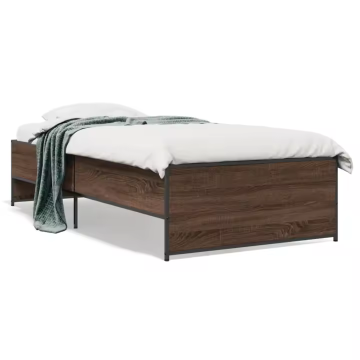 vidaXL Estructura cama madera ingeniería metal roble marrón 75x190 cm - 1