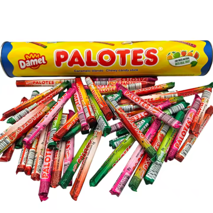 Palotes Tubo Damel - 50 Palotes Surtidos - 5 Sabores de Palotes con Zumo Natural: Fresa - Sandia - Naranja - Manzana y Melocoton. Tubo Metalico de Palotes. - 1