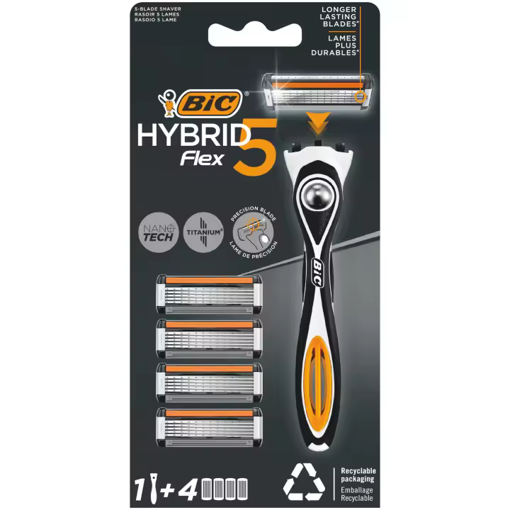 BIC Hybrid5 Flex Kit de Maquinilla Recargable para Hombre, Mango y Recambios de Hojas Móviles Recubiertas de Titanio con Nanotecnología - Caja de 1+4 - 1
