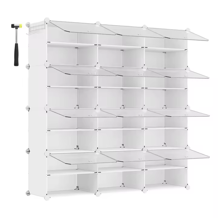 SONGMICS Mueble Zapatero Plástico, 12 Compartimentos, Zapatero Modular, Estantería Modular de Plástico, 32 x 124,4 x 124,6 cm Cada Cubo, con Puerta, Marco Acero, Panele Plástico, Blanco - 1