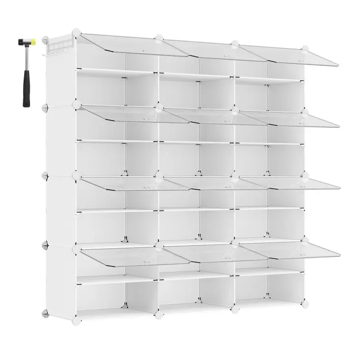 SONGMICS Mueble Zapatero Plástico, 12 Compartimentos, Zapatero Modular, Estantería Modular de Plástico, 32 x 124,4 x 124,6 cm Cada Cubo, con Puerta, Marco Acero, Panele Plástico, Blanco - 1
