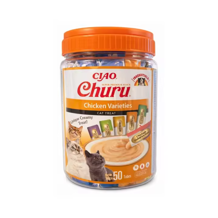 CHURU Variedad de Pollo (50x14 gr) - Snack Cremoso para Gatos Adultos con Pollo, Cinco Sabores, Sin Cereales, con Vitamina E y Alta Humedad - 1