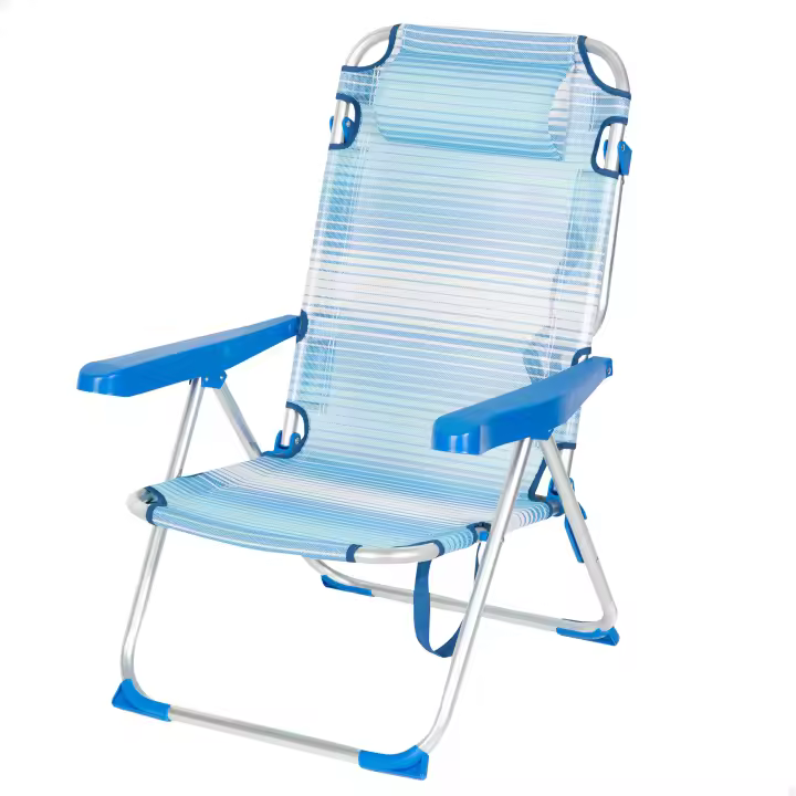AKTIVE Silla de playa plegable, Silla de playa reclinable, Silla multiposición, 48x60x90 cm, Azul a rayas, Incluye cojín acolchado, Asa de hombro transporte, Peso máx 110 kg, Sillas de playa, Multiposición, Respaldo reclinable, Sillas de playa plegables - 1