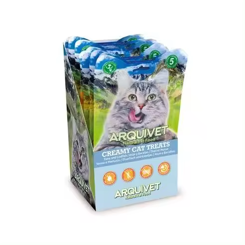 Premios para Gatos Snack Cremoso de Atún y Bacalao para Gatos - (expositor de 12 bolsas con 5x14 g) (60 Tubos)Comida húmeda para gatos Arquivet - 1