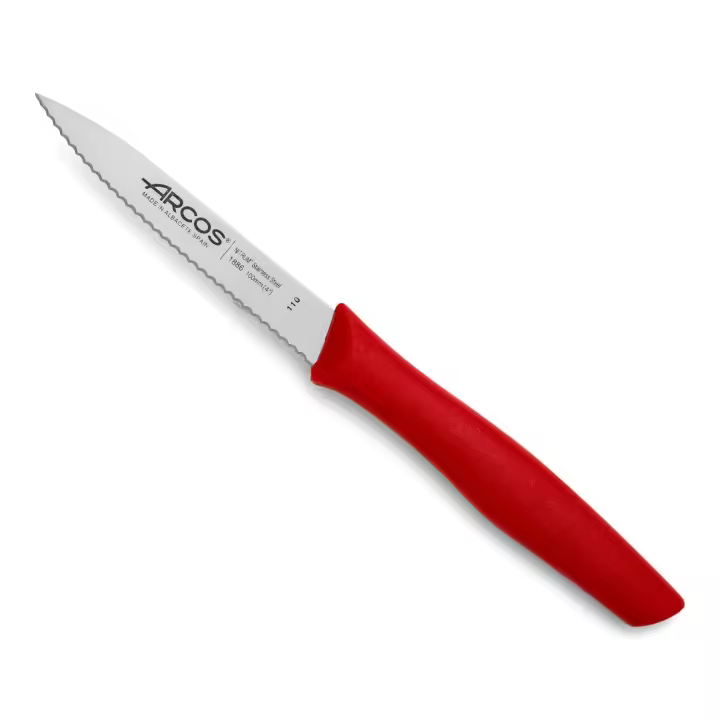 Arcos Cuchillo Mondador Serrado 100 mm - Acero Inoxidable NITRUM para Mayor Durabilidad y Corte Preciso - Mango Ergonómico Polipropileno Rojo - Serie Nova - 1