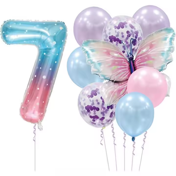 Ballons Décoratifs d'anniversaire en aluminium 7 Ans,9 pcs Chiffres 7 ans Papillon Décoration d'anniversaire pour fille - 1