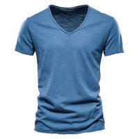 Camiseta De Algodón 100% Para Hombre Con Cuello En V Y Manga Corta Diseño De Moda Ajustada Top Masculino Transpirable Ligera Y De Secado Rápido - details 4
