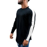 Camiseta De Algodón Patchwork Manga Larga Para Hombre Moda Otoño Casual Deportiva Clásica Con Bajo Arco Tees Tops - details 5