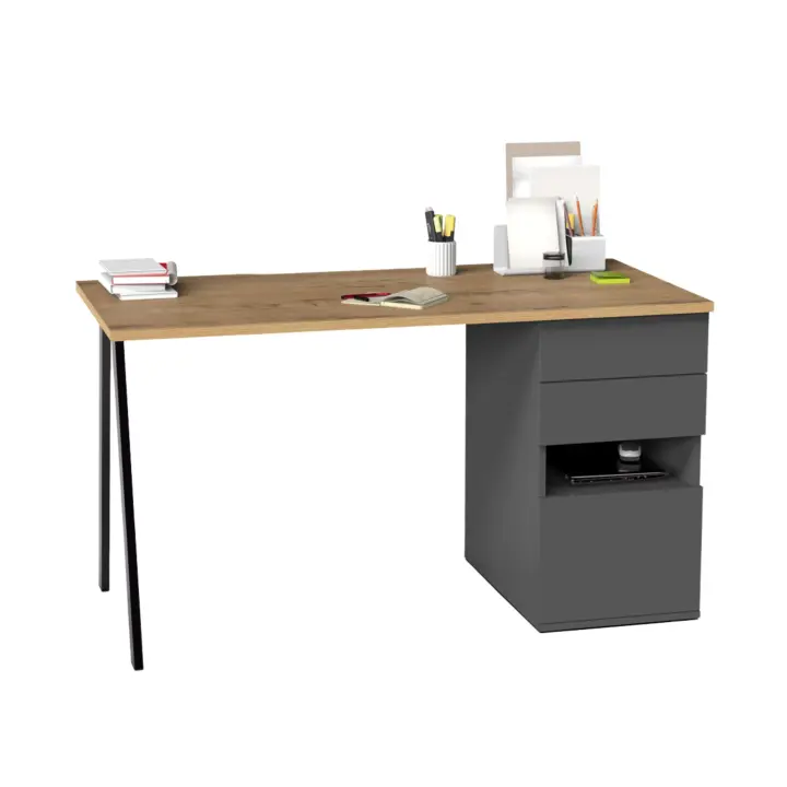 Mesa Escritorio de Estudio u Oficina Kiroba Color Roble Gold y Gris Oscuro 138x76x67 cm - 1