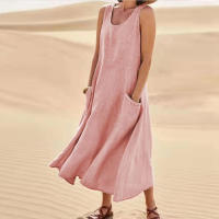 Vestido Sin Mangas De Algodón Y Lino Para Mujer Vestido De Verano Casual Cuello En V Largo Hasta La Rodilla Con Bolsillos - details 4