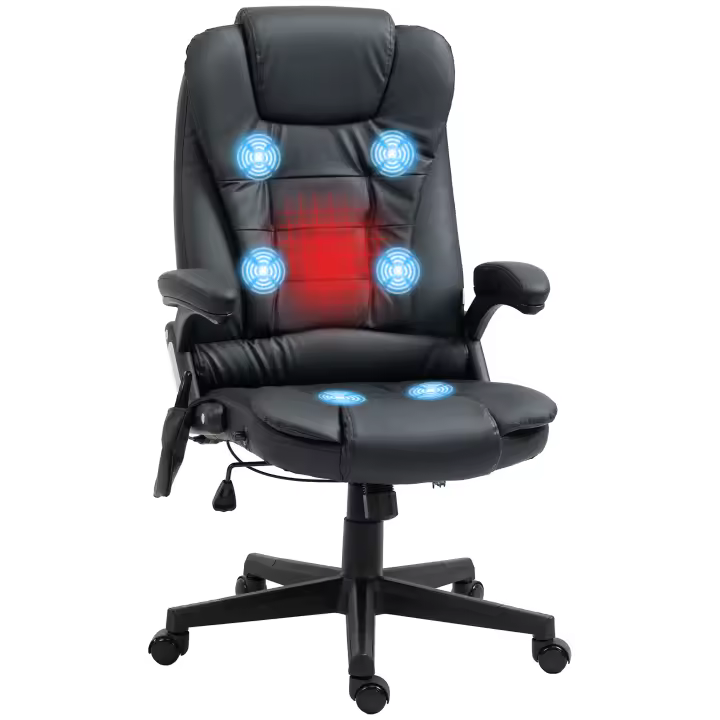 HOMCOM Sillón de Masaje Silla de Oficina Silla de Oficina Silla Ejecutiva Silla de Juego Masaje de Vibración de 6 Puntos con Función de Calor Silla Giratoria de Piel Sintética Negro 70 x 70 x 111 – 121cm - 1