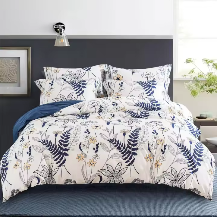 Ropadecama juego de Sabanas Invierno de 3 - Edredón azul marino, algodón natural, juego de cama ligero reversible con lujosas flores naranjas y hojas azul marino - 1