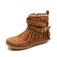 Botines De Otoño Para Mujer Zapatos Planos Botas De Tobillo Retro En Cuero Suelto Con Borlas Punta Redonda Suave Casual - details 2