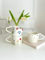 Taza De Café Creativa De Cerámica 350ml Pintura a Mano Con Flores Y Corazones Taza De Té O Leche Irregular Para Desayuno Con Avena - details 0