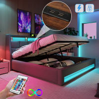 Cama tapizada con USB 140x200 cm, Cama Doble LED, somier de metal, somier de Material de Lino Cama Juvenil (sin colchón) - details 7