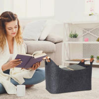 Cesta De Madera De Gran Capacidad Para Leña Plegable Con Manijas De Madera Cesta De Almacenamiento Ecológica De Feltro Gris Oscuro Para El Lado Del Hogar - details 3
