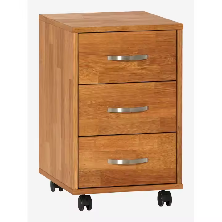 Jysk Cajonera HAGE 3 cajones Acabado Elegante MDF con Chapa de Roble 60cm Alto x 40 ancho x 45 Fondo Producto de Alta Calidad y Finos Acabados Color Marrón Claro con tres Tiradores Plateados - 1