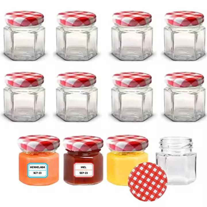 MundoTarros - Tarros Pequeños de Cristal Hexagonales con Tapa Hermética de 45ml - Tarritos para miel, mermelada, regalos - Frascos Pequeños - Tarritos de Vidrio Resistentes y Estancos - Incluye Etiquetas - 1