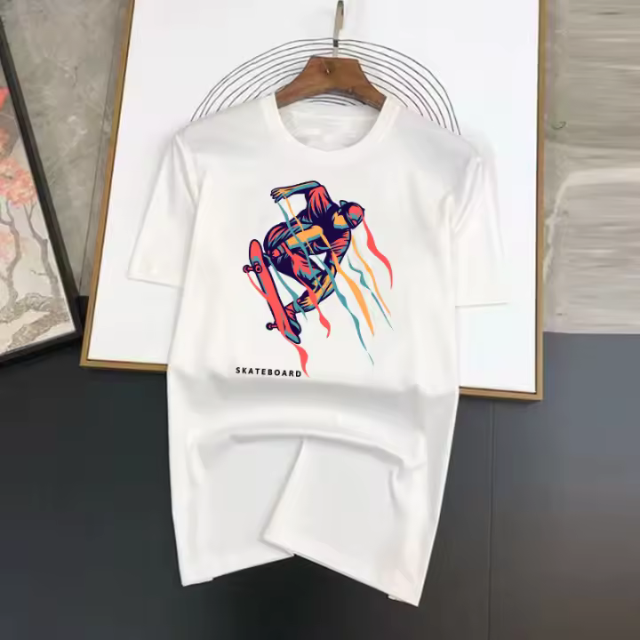 Camiseta Estampada De Patines De Color Spray Primavera Verano Moda Unisex Cuello Redondo Manga Corta Estilo Coreano Top Tees Para Mujer Y Hombre - 1
