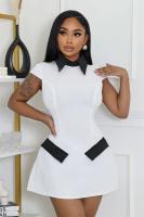 Vestido Mini A-Line Elegante Y Moderno Para Mujer Con Cuello Peter Pan Manga Corta Y Bolsillos Vestido De Fiesta Slim High Waist Patchwork Polyester Spandex - details 5