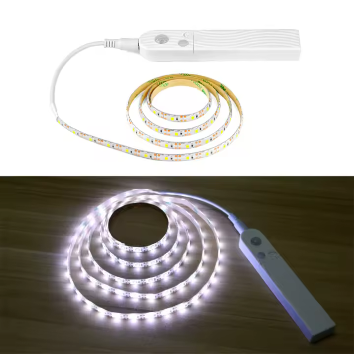 Tira De Luz LED Con Sensor De Movimiento PIR Inalámbrico Para Armario Cama Escaleras - Iluminación Nocturna Seguridad Inteligente Batería Alimentada SMD2835 60LEDs/M 4W/m 2700K-6500K - 1