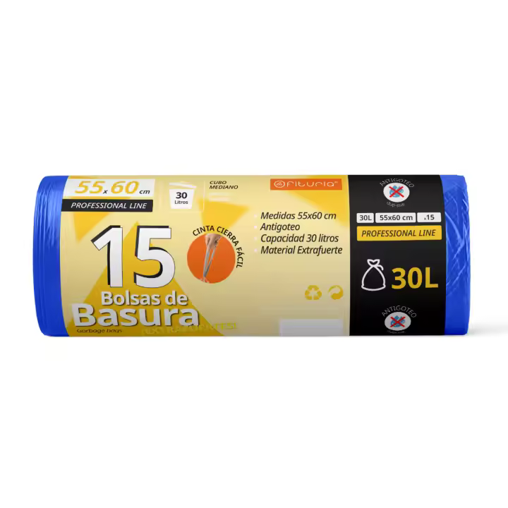 Bolsas Basura, Bolsas Basura 30L, Resistentes, Aptas para Cubos de Basura de 30L, Antigoteo, Bolsas con Autocierre Fácil, Apta para Todo Tipo de Desechos, 55x60 cm - Ofituria (15 bolsas, 30L) - 1