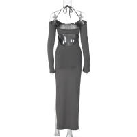 Vestido Largo De Mujer Hawthaw 2024 Manga Larga Estilo Callejero Basic Negro Bodycon Ajustado Cuello En V Sin Mangas Cierre Pullover Polyester Spandex - details 10