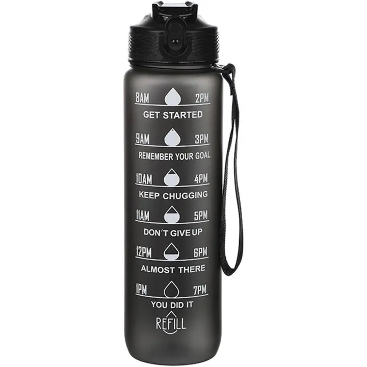 BOTELLA DE AGUA MOTIVACIONAL 1000 Ml., a prueba de fugas, sin BPA, te asegura beber suficiente agua para fitness, gimnasio al aire libre, color negro - 1