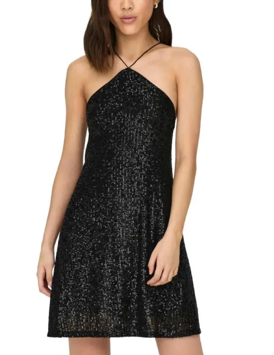 Vestido Only de lentejuelas cuello halter negro de mujer - 1