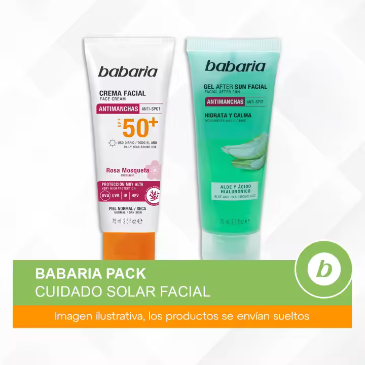 Babaria Pack Cuidado Solar Facial: Crema Facial Solar Antimanchas SPF50+ y After Sun Gel Aloe con Ácido Hialurónico Hidratante y Calmante - 1