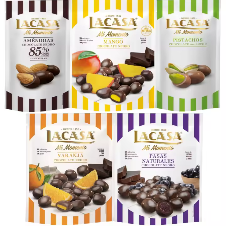 Lacasa Mi Momento pack de 5:Pistacho Chocolate Leche,Almendra 85% ,Pasas Chocolate Negro ,Naranja Chocolate Negro ,Mango Chocolate Negro - 1