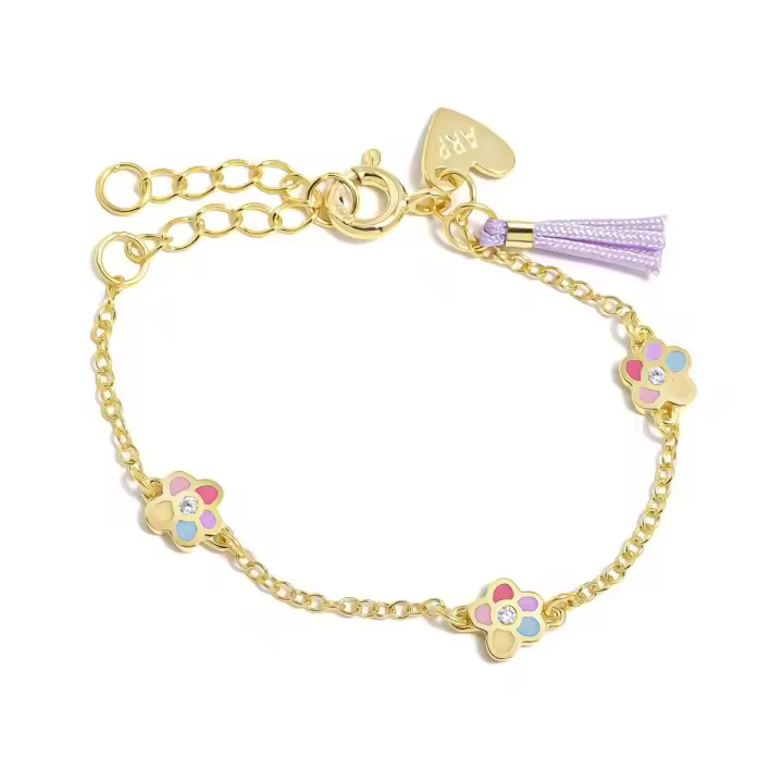 Pulsera Agatha Ruiz de la Prada Plata Ley 925m chapada oro niña NEW 14 cm. flores esmaltadas - 1