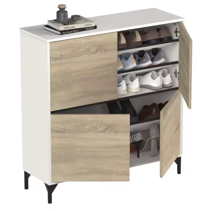 Mueble Recibidor Zapatero Tokio 4 Puertas 5 Baldas Mueble Pasillo Color Blanco Mate y Roble Cambrian 101 cm - 1