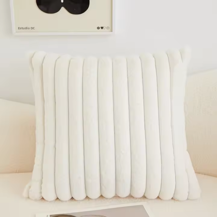 Funda De Cojín Cuadrada De 45x45cm De Peluche De Conejo Falso Para Sofá Y Sala De Estar Decoración Del Hogar Con Estampado Rayado Y Llenado De Algodón - 1