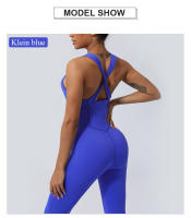 Conjunto De Yoga Para Mujer Con Padded Fitness Jumpsuit Cruzado En Espalda Y Pierna Flared Vestido De Entrenamiento De Correr Conjunto De Yoga De Nylon Talla Verdadera - details 2