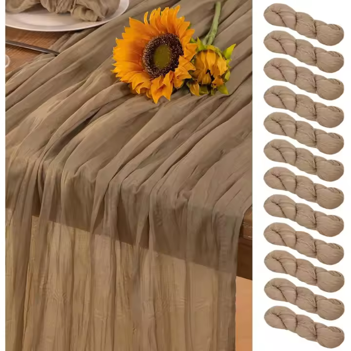 Nude Cheesecloth Table Runner 12 Pack Summer Sheer Coffee Cheese Cloth Table Runners Boho Gauze 120 Inches Summer Table Decorations for Nude Wedding Bridal Baby Shower Tea Party Decor - 1