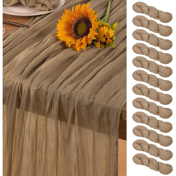 Nude Cheesecloth Table Runner 12 Pack Summer Sheer Coffee Cheese Cloth Table Runners Boho Gauze 120 Inches Summer Table Decorations for Nude Wedding Bridal Baby Shower Tea Party Decor - 1