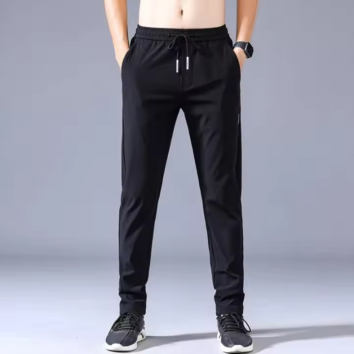 Pantalones Casuales Para Hombre Moda Elásticos Rectos Y Delgados Hong Kong Wind Ice Silk Everything Trend Pantalones De Jogging - 1
