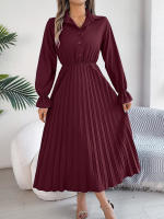 Vestido Largo De Primavera Verano Para Mujer Estilo Casual Color Sólido Cuello Polo Botones Mangas Flares Pliegues Centenares Vestido A-Line - details 9