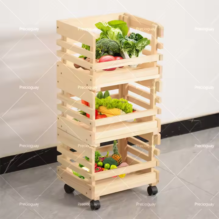Estante para frutas y verduras de madera maciza de tres capas, apto para cocina, color madera original 35x25x65cm - 1