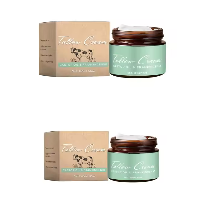 Hidratante facial de sebo de res alimentado con pasto con aceite de incienso y aceite de ricino para nutrir e hidratar la piel seca, limpieza profunda, sebo de res para la piel y el rostro de mujeres y hombres para todo tipo de pieles, 2.12 oz (2) - 1